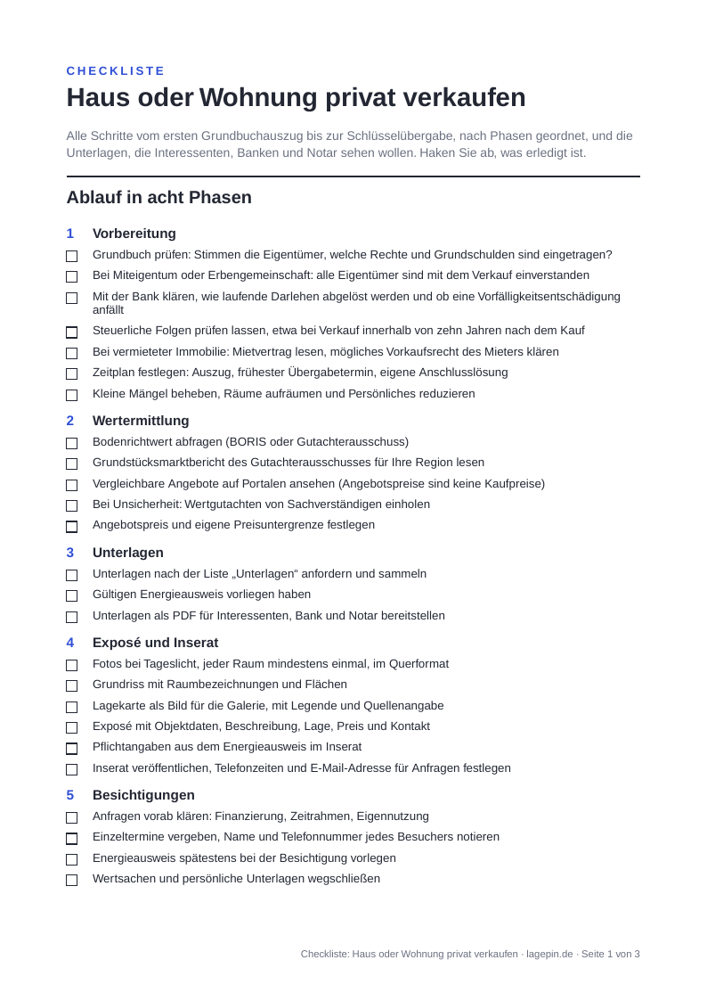 Erste Seite der Checkliste mit den Phasen Vorbereitung, Wertermittlung, Unterlagen und Exposé, jeweils mit Kästchen zum Abhaken