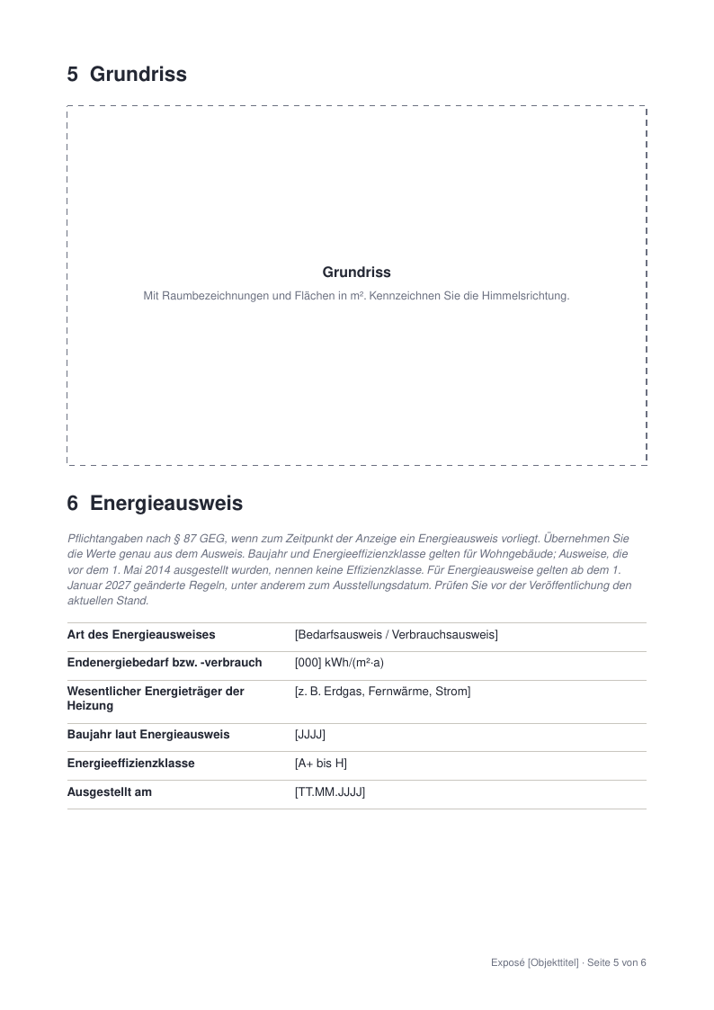 Seite 5 der Vorlage: Grundriss und Energieausweis