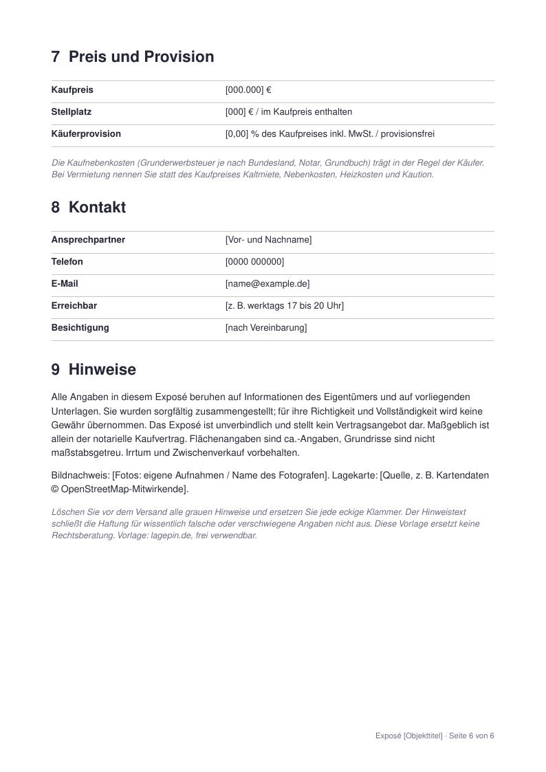 Seite 6 der Vorlage: Preis, Kontakt, Hinweise